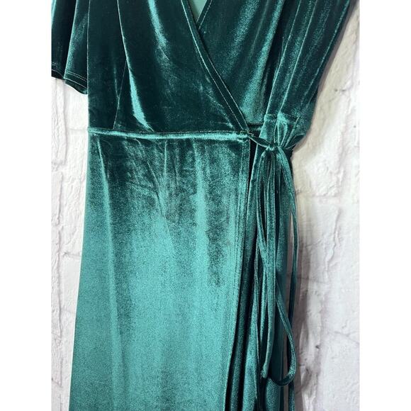 Lulus Amour Green Velvet Wrap Dress High Low Flutter Sleeve Stretch V Neck L - Picture 8 of 12